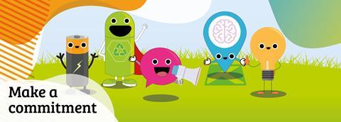 Five cartoon characters representing a battery, a recycling bin, a speech bubble, a map marker and a light bulb